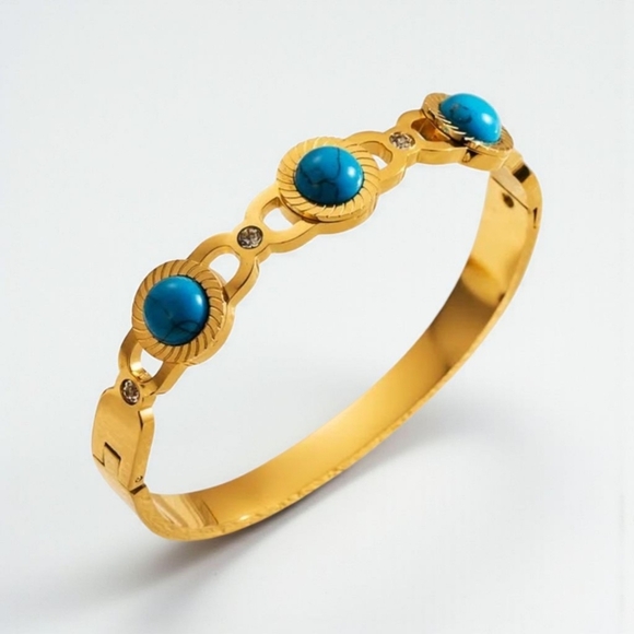 🆕️18K Gold Plated Turquoise Bangle Bracelet | Stainless Steel | Gift Ready 🎁 - Picture 1 of 9